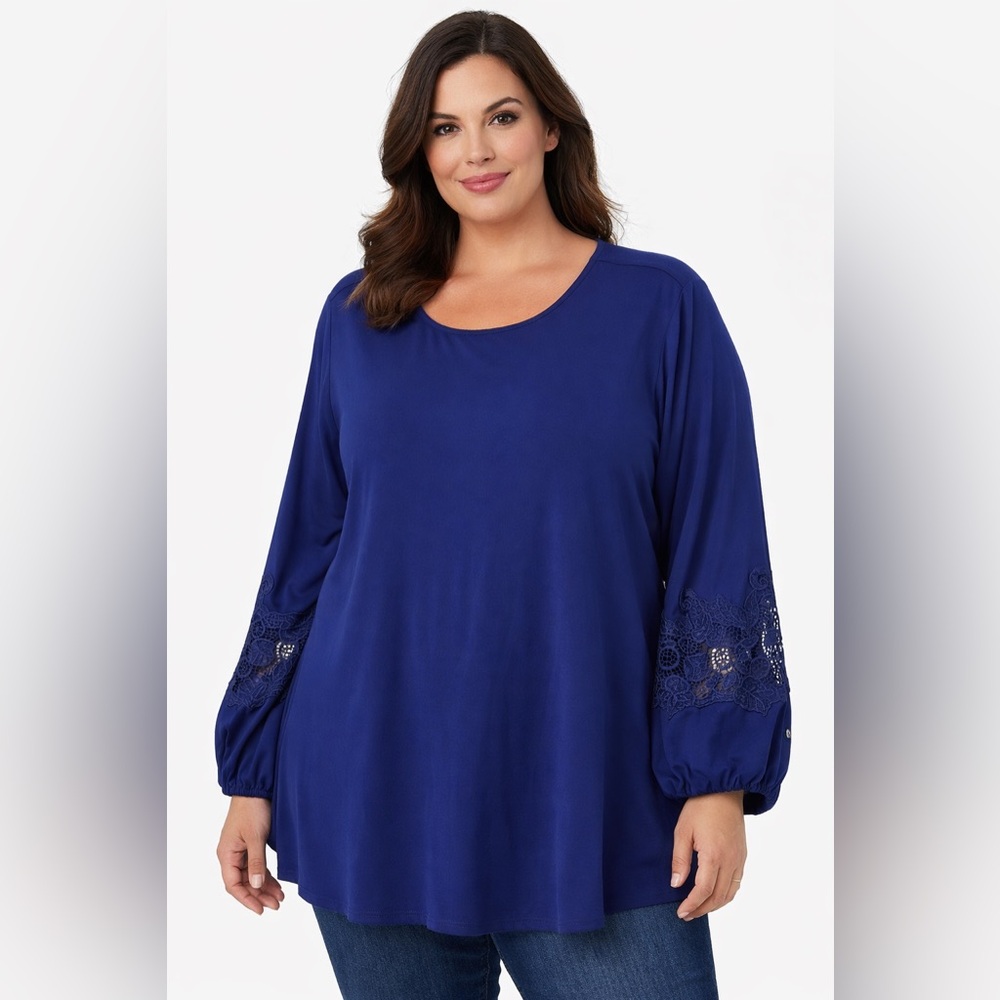 Dennis Basso Women’s Crepe Tunic Top Blue Blouse Lace Trim Sleeves Sz 3X Boho